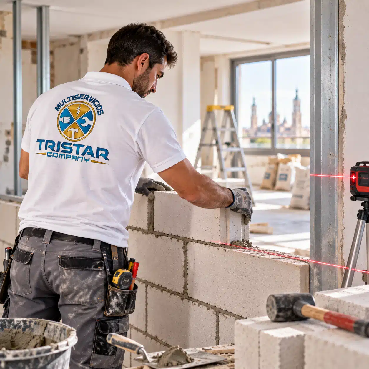 Albañilería y tabiquería en Zaragoza Operario realizando trabajos de albañilería y construcción de tabiques en una reforma en Zaragoza