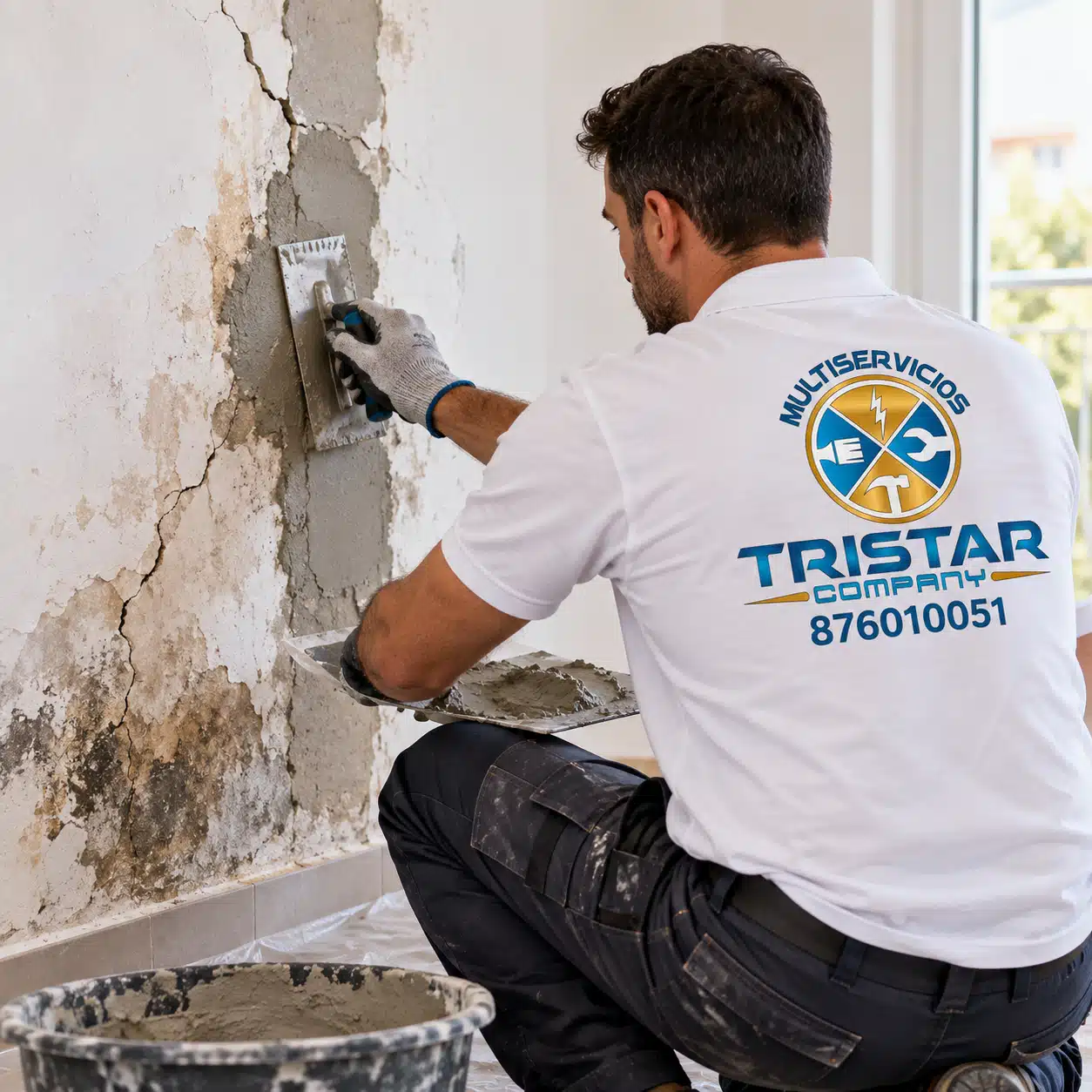 Reparación de grietas y humedades en Zaragoza Albañil reparando grietas y desperfectos en una pared de una vivienda en Zaragoza