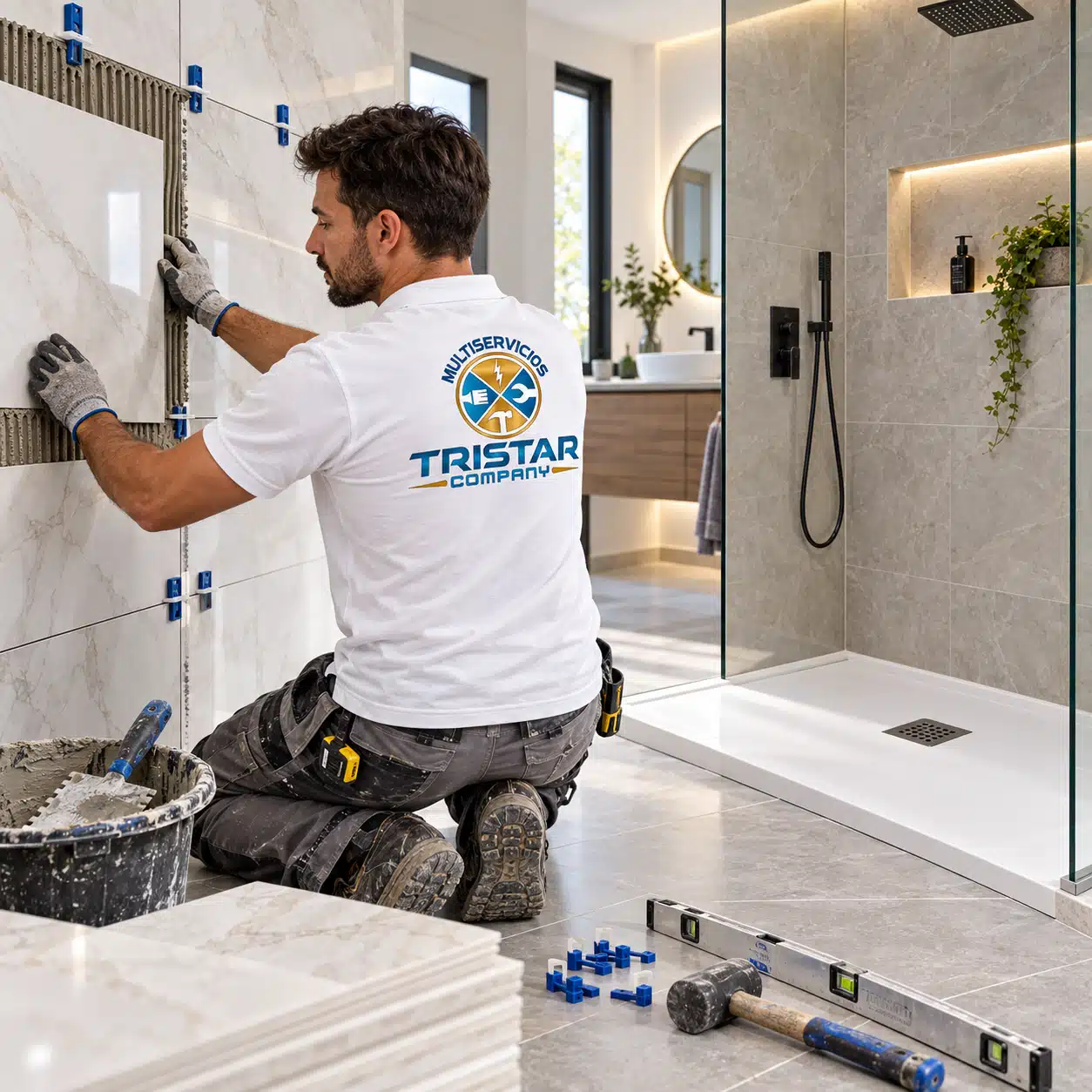 Alicatados, suelos y plato de ducha en Zaragoza Operario colocando azulejos y revestimientos durante una reforma de baño con plato de ducha en Zaragoza