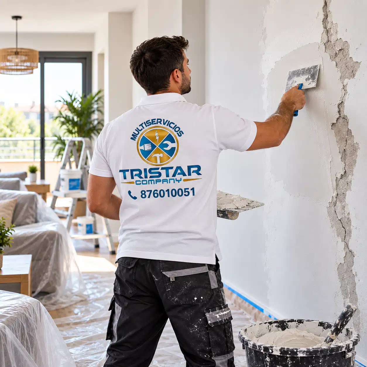 Alisado y reparación de paredes en Zaragoza Pintor de Multiservicios Tristar Company alisando y reparando una pared en Zaragoza
