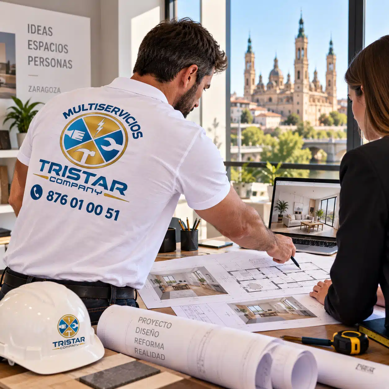Estudio y servicios de arquitectos en Zaragoza profesionales Reunión técnica de arquitectos en Zaragoza revisando los planos de edificación y licencias de un proyecto