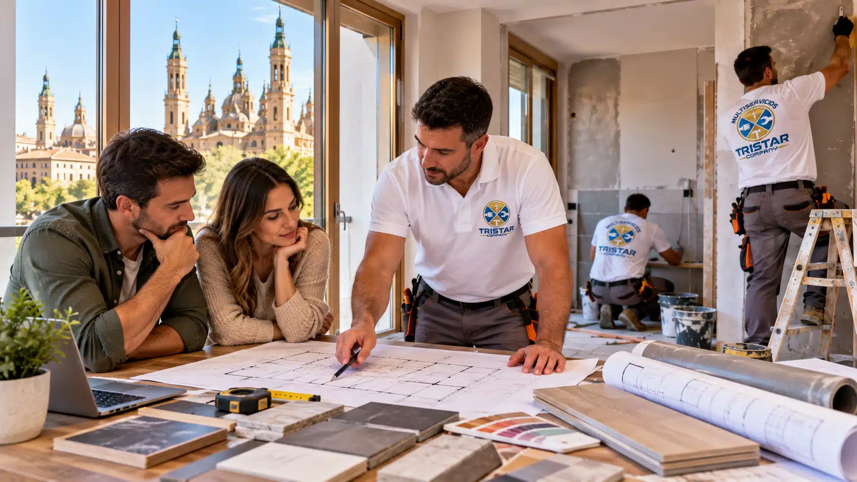 Profesional de Multiservicios Tristar Company planificando una reforma integral con clientes en Zaragoza