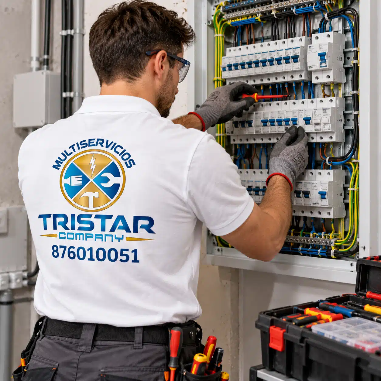 Cuadros eléctricos y protecciones en Zaragoza Electricista de Multiservicios Tristar Company trabajando en un cuadro eléctrico en Zaragoza