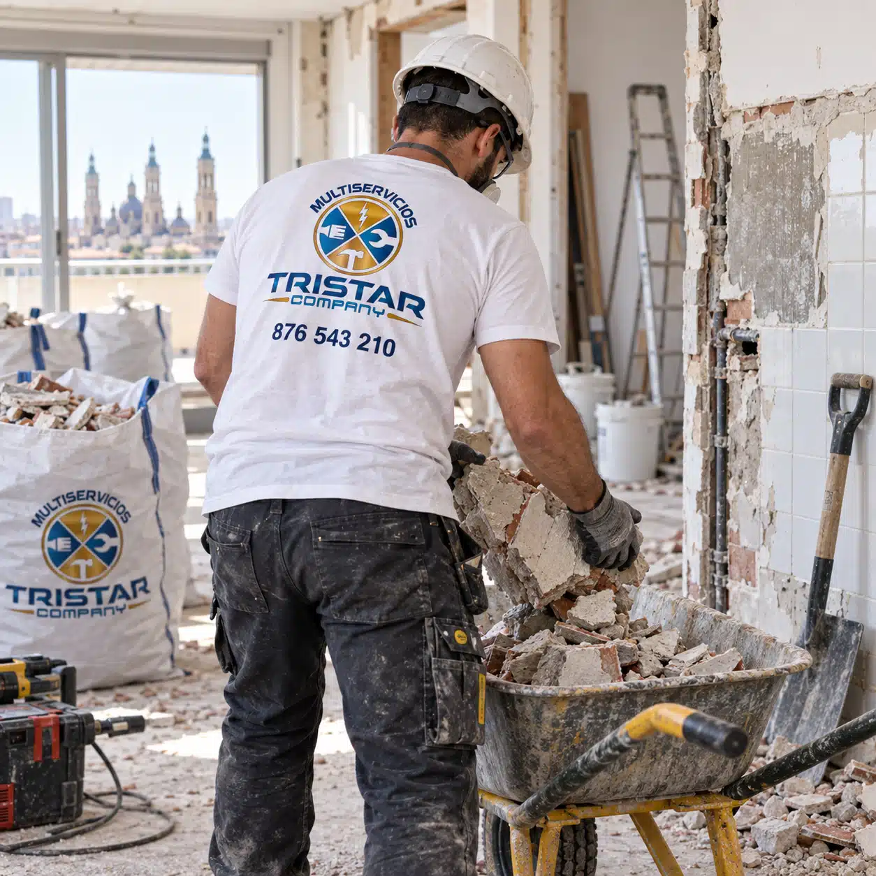 Demoliciones y preparación de obra en Zaragoza Operario realizando trabajos de demolición y preparación de obra en una reforma en Zaragoza