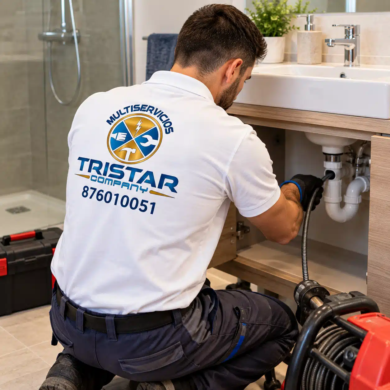 Desatascos y desagües en Zaragoza Fontanero de Multiservicios Tristar Company desatascando un lavabo en Zaragoza
