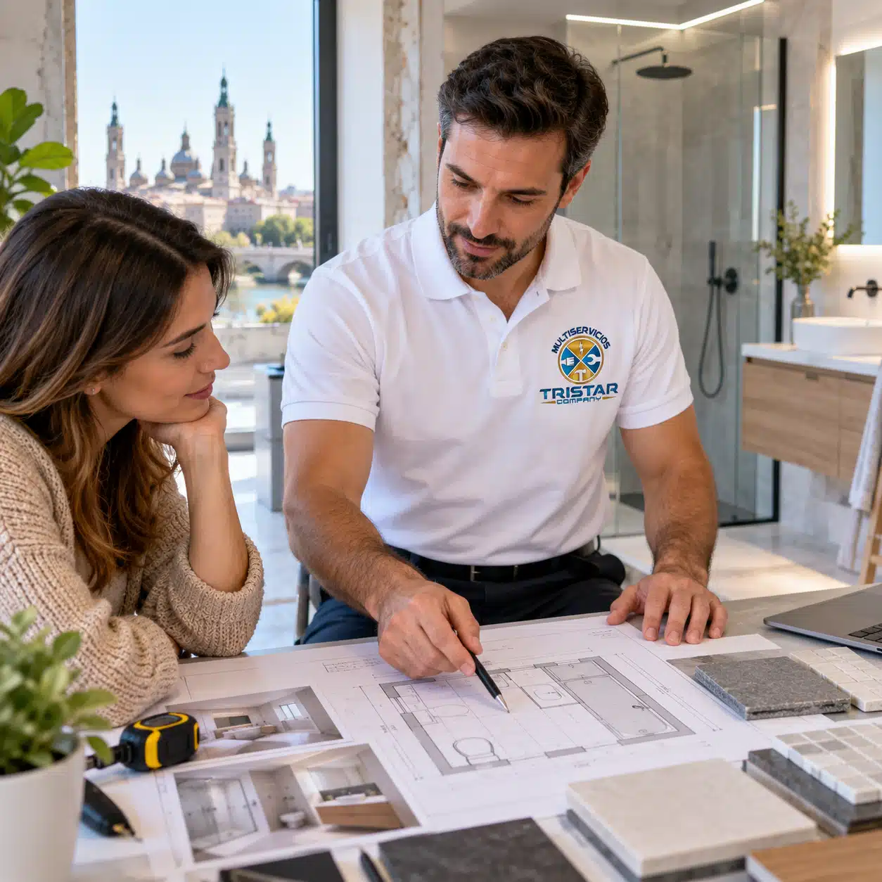 Diseño y distribución de baños en Zaragoza Especialista planificando el diseño y la distribución de un baño en Zaragoza con planos y muestras de materiales