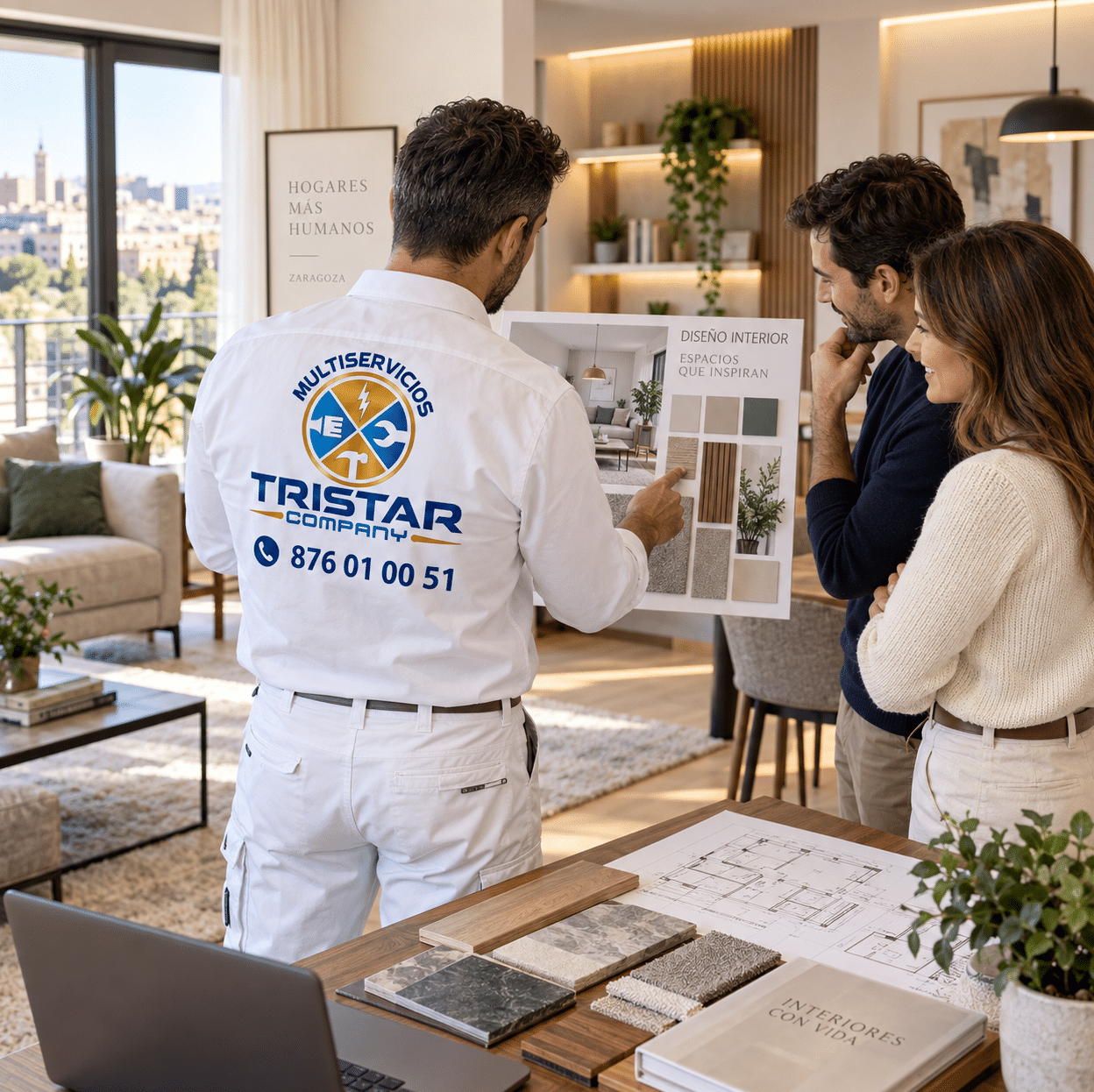 Estudio y proyectos de diseño interior en Zaragoza personalizados Interiorista planificando un proyecto de diseño interior en Zaragoza con muestras de materiales y planos 3D