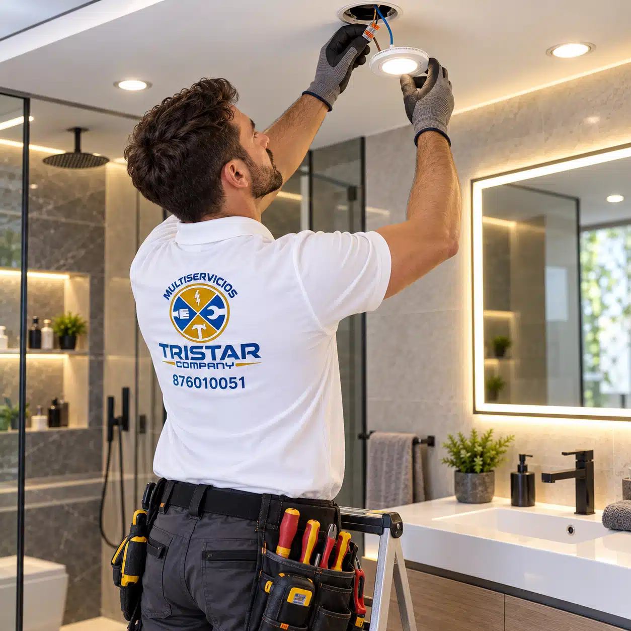 Electricidad e iluminación para baños en Zaragoza Electricista instalando iluminación LED durante una reforma de baño en Zaragoza