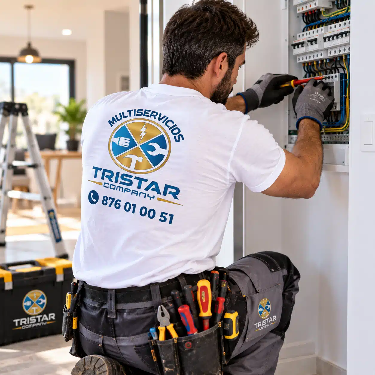 Servicios profesionales de electricistas en Zaragoza autorizados Técnico cualificado del equipo de electricistas en Zaragoza revisando el cuadro eléctrico de una vivienda