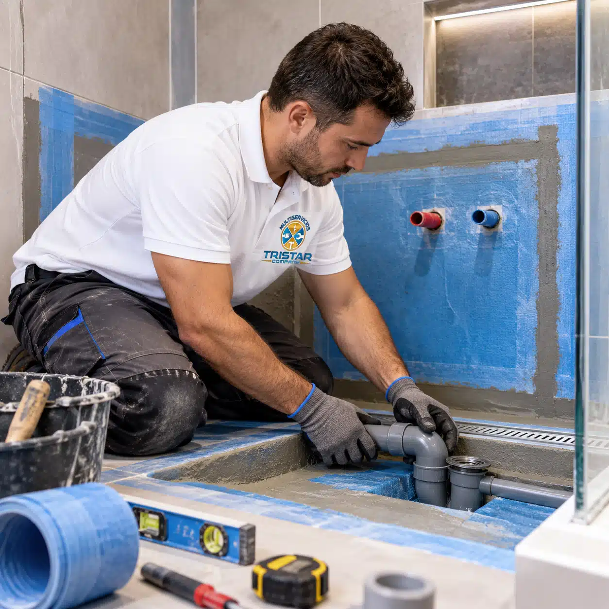 Fontanería e impermeabilización de baños en Zaragoza Operario realizando trabajos de fontanería e impermeabilización durante una reforma de baño en Zaragoza
