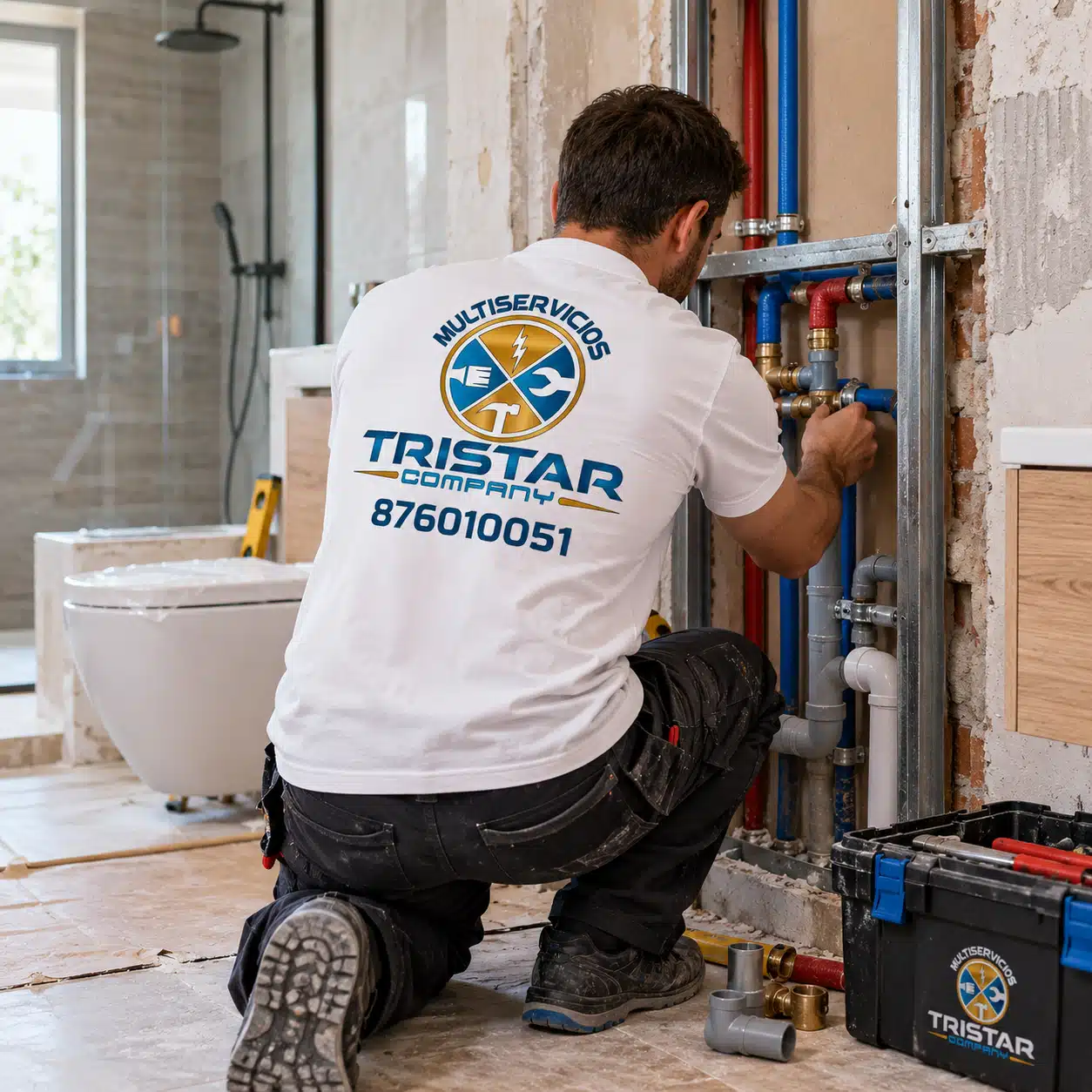 Fontanería para reformas en Zaragoza Fontanero de Multiservicios Tristar Company realizando instalación de fontanería en una reforma en Zaragoza