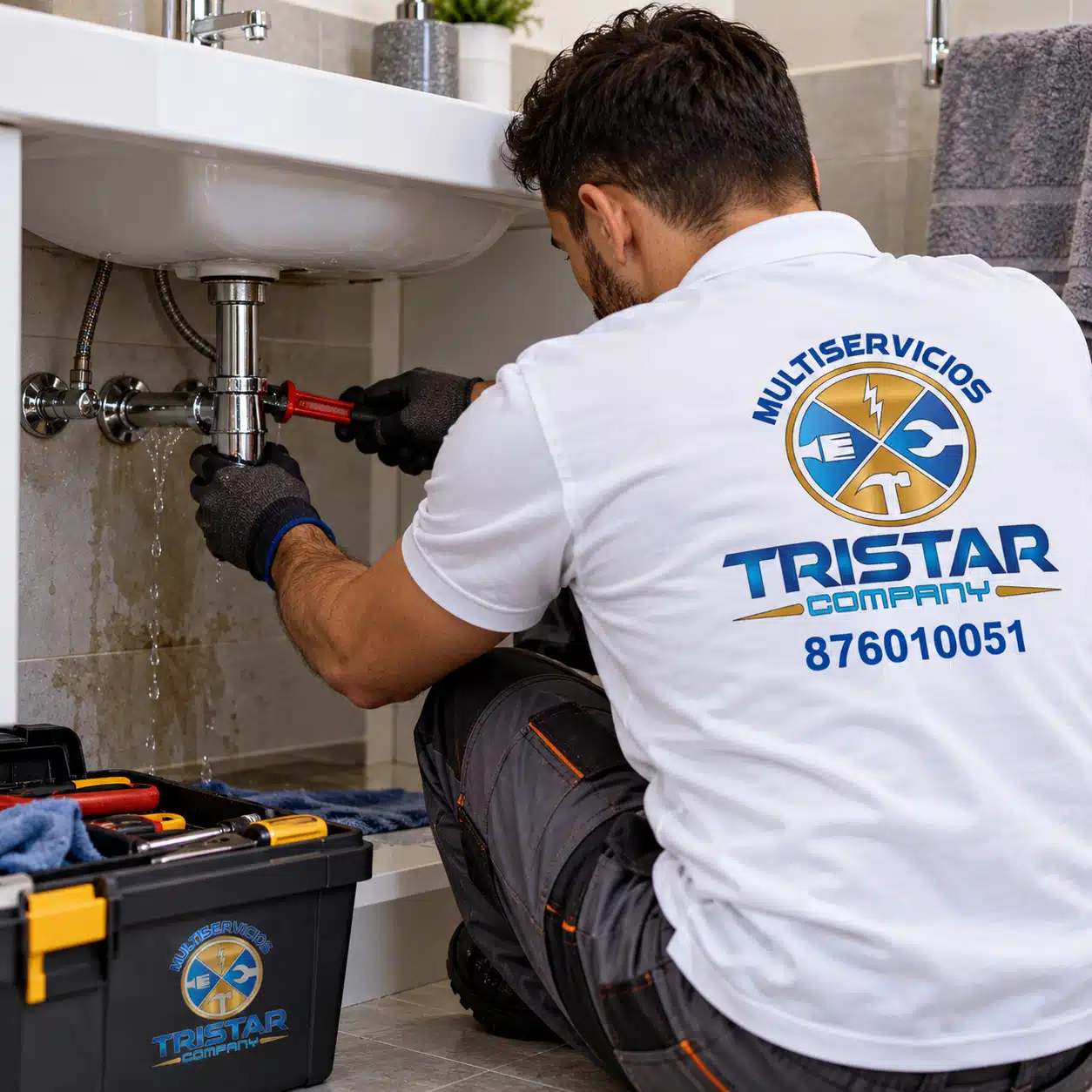 Fontaneros en Zaragoza para reparación de fugas de agua Fontanero de Multiservicios Tristar Company reparando una fuga de agua bajo un lavabo en Zaragoza