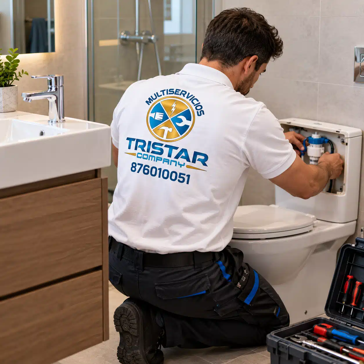 Instalación y reparación de grifería, sanitarios y cisternas en Zaragoza Fontanero de Multiservicios Tristar Company reparando una cisterna en un baño moderno en Zaragoza