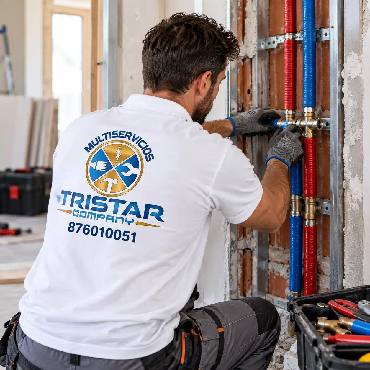 Instalación y cambio de tuberías en Zaragoza Fontanero de Multiservicios Tristar Company instalando tuberías en una reforma en Zaragoza