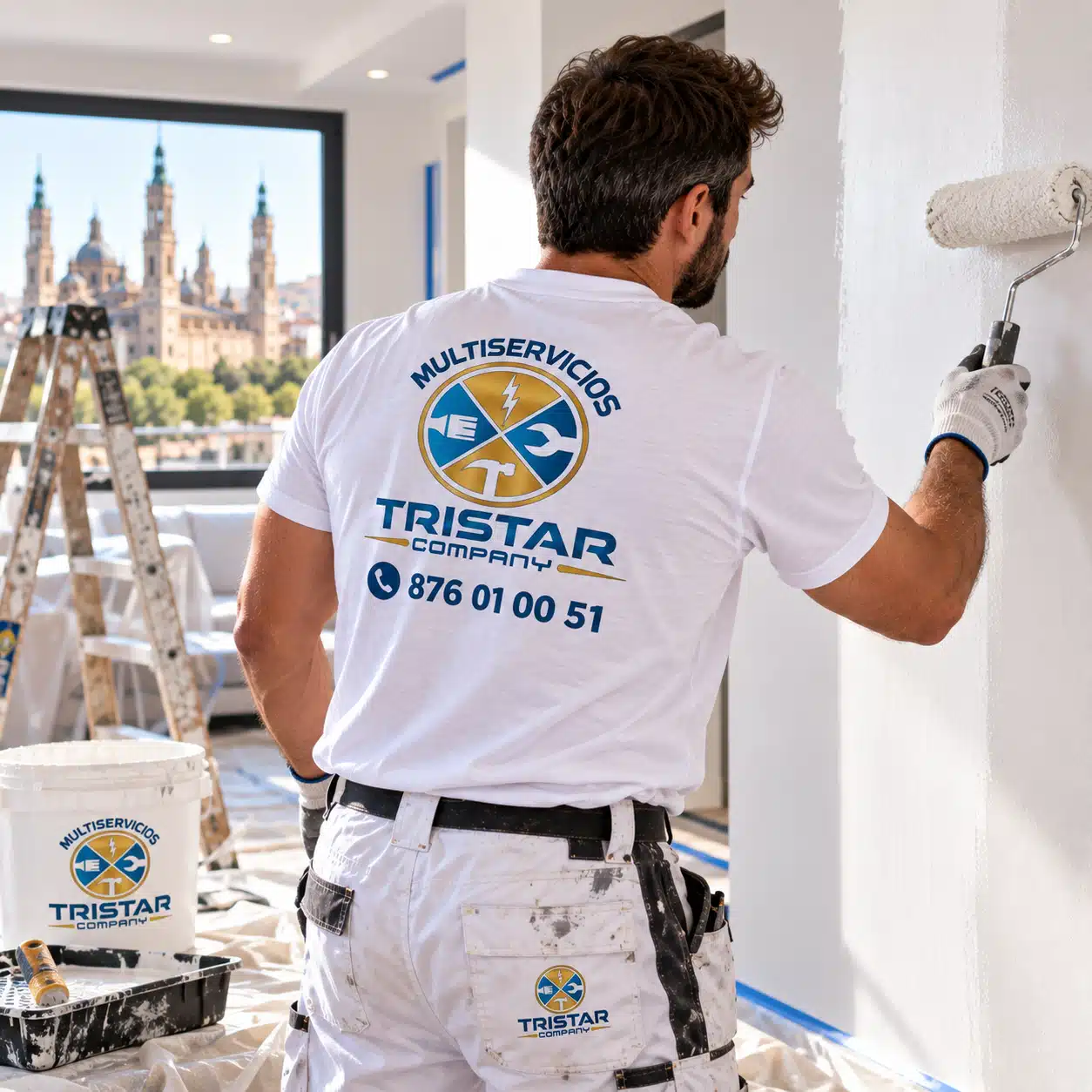 Servicios profesionales de pintores en Zaragoza y alisado de paredes Especialista del equipo de pintores en Zaragoza aplicando pintura plástica lisa en una habitación