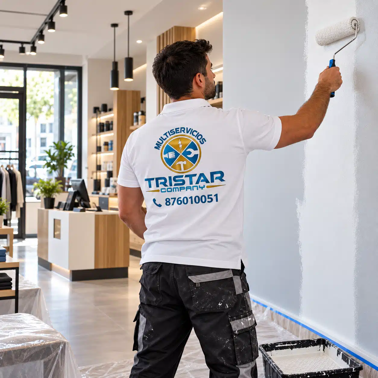 Pintores para locales y negocios en Zaragoza Pintor de Multiservicios Tristar Company renovando el interior de un local comercial en Zaragoza