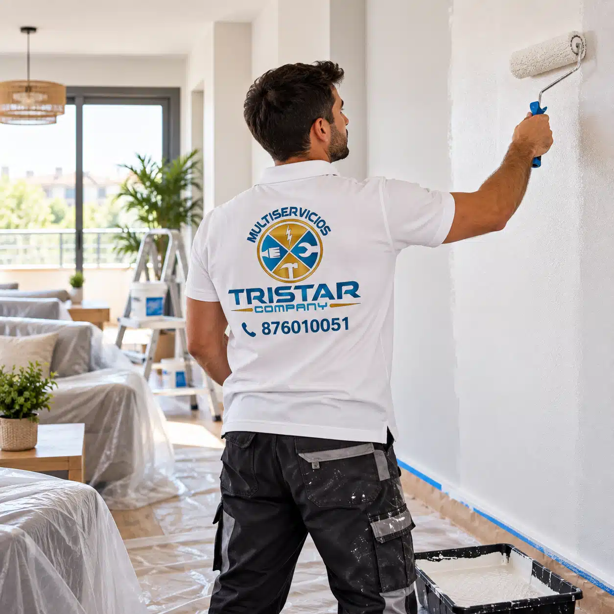 Pintores en Zaragoza para interiores de viviendas Pintor de Multiservicios Tristar Company pintando una pared interior de una vivienda en Zaragoza