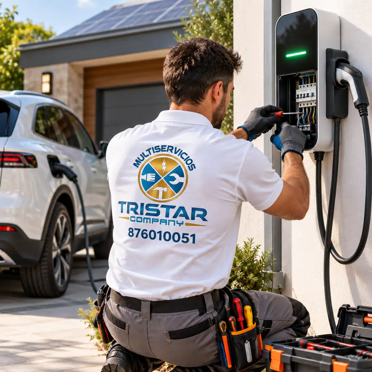 Puntos de recarga y mejoras energéticas en Zaragoza Electricista instalando un punto de recarga para vehículo eléctrico en Zaragoza