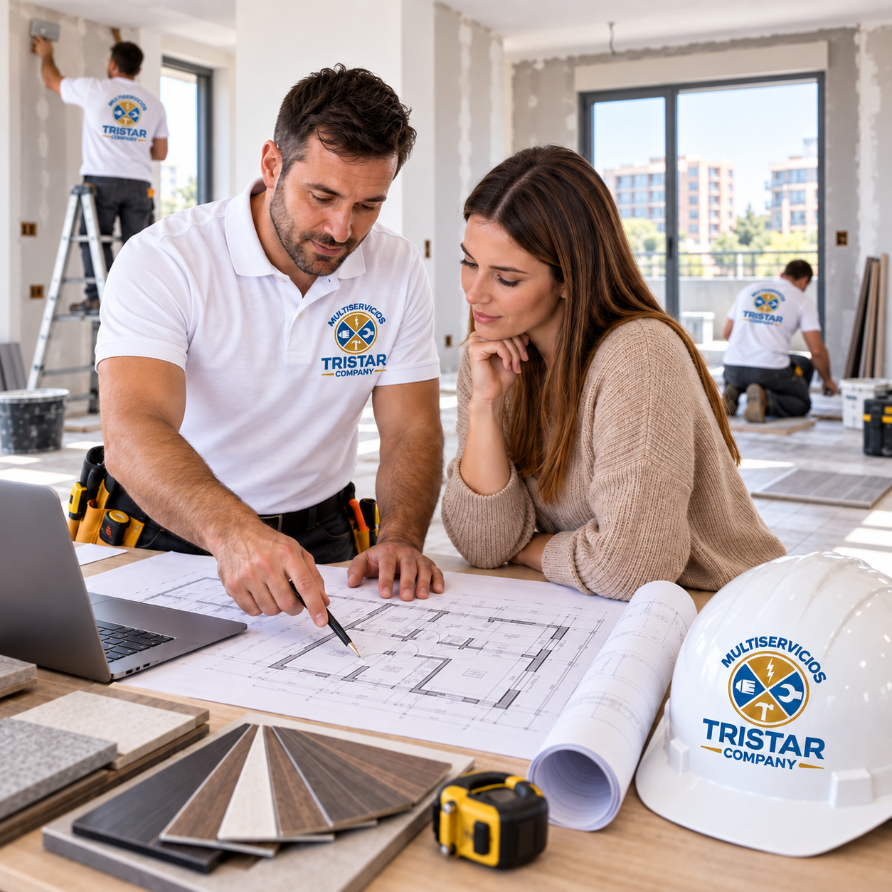 Especialistas coordinando la reforma integral de un piso en Zaragoza con planos y muestras de materiales - Multiservicios Tristar Company