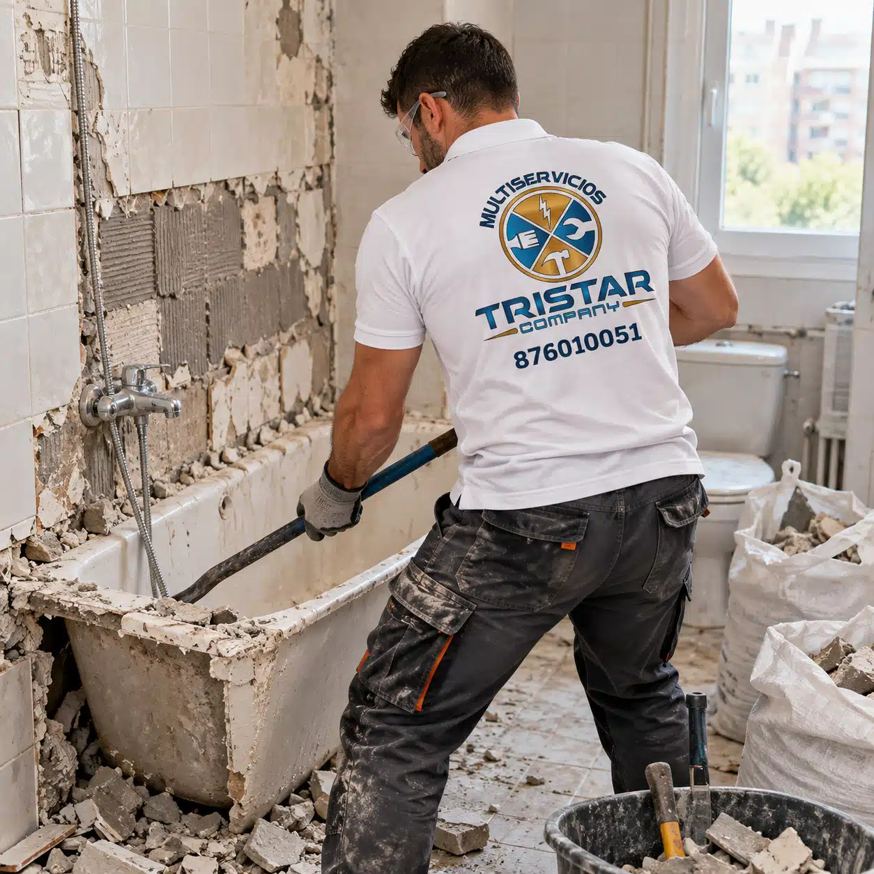 Retirada de baño antiguo en Zaragoza Operario retirando bañera, azulejos y elementos antiguos durante una reforma de baño en Zaragoza