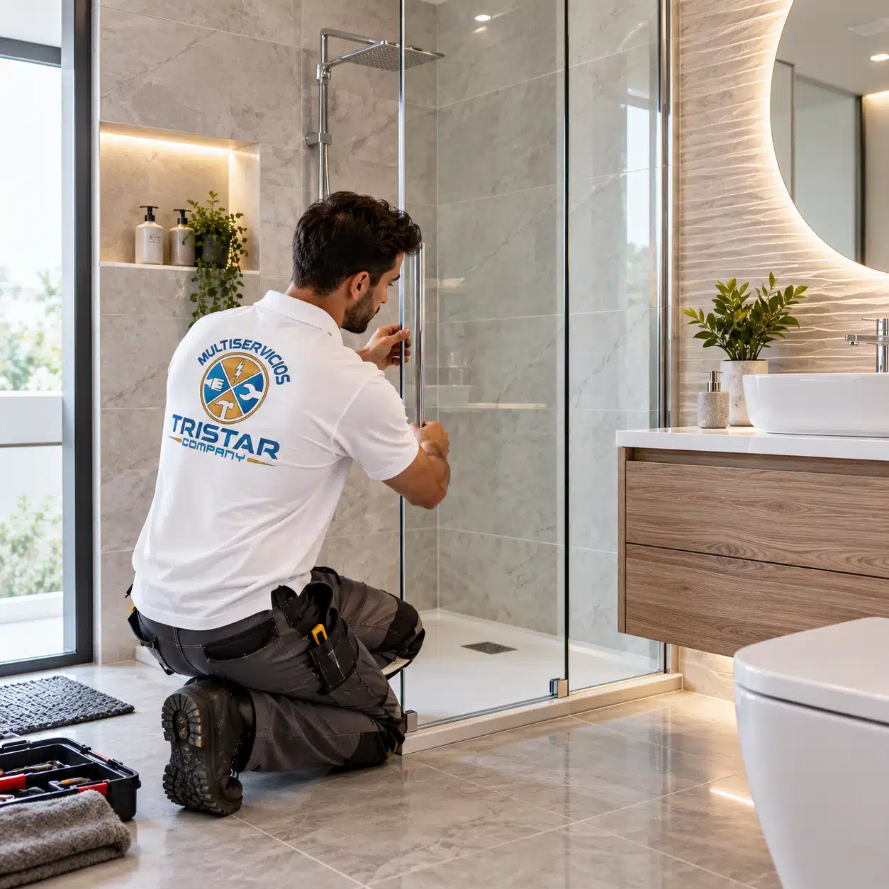 Sanitarios, mamparas y muebles de baño en Zaragoza Operario instalando una mampara de ducha y mobiliario durante una reforma de baño en Zaragoza