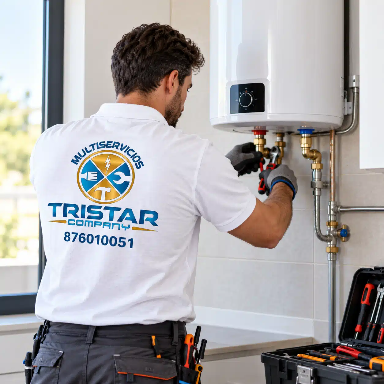 Reparación e instalación de termos y calentadores en Zaragoza Técnico de Multiservicios Tristar Company revisando un calentador de agua en Zaragoza