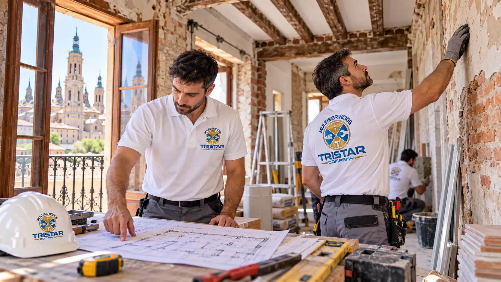 Operarios de Multiservicios Tristar Company con uniformes blancos y logo corporativo, rehabilitando una casa antigua en Zaragoza con paredes de ladrillo y vigas de madera.