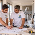 Operarios de Multiservicios Tristar Company con camisetas blancas y logo de empresa, revisando planos durante una reforma integral de un piso en Zaragoza.