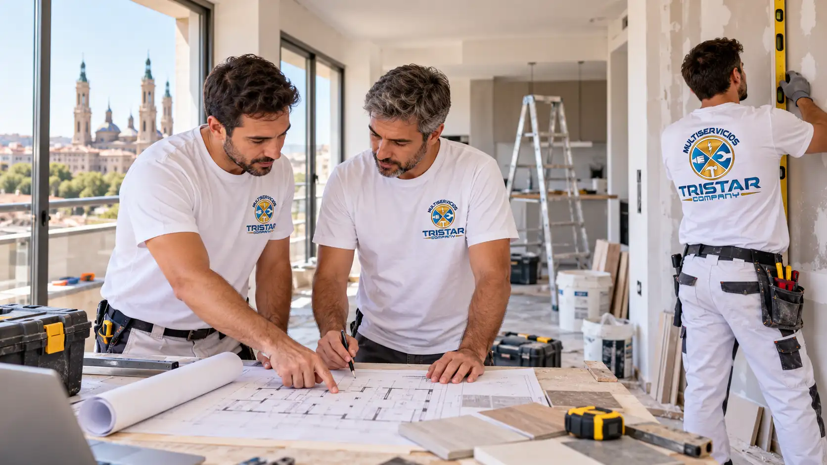 Operarios de Multiservicios Tristar Company con camisetas blancas y logo de empresa, revisando planos durante una reforma integral de un piso en Zaragoza.