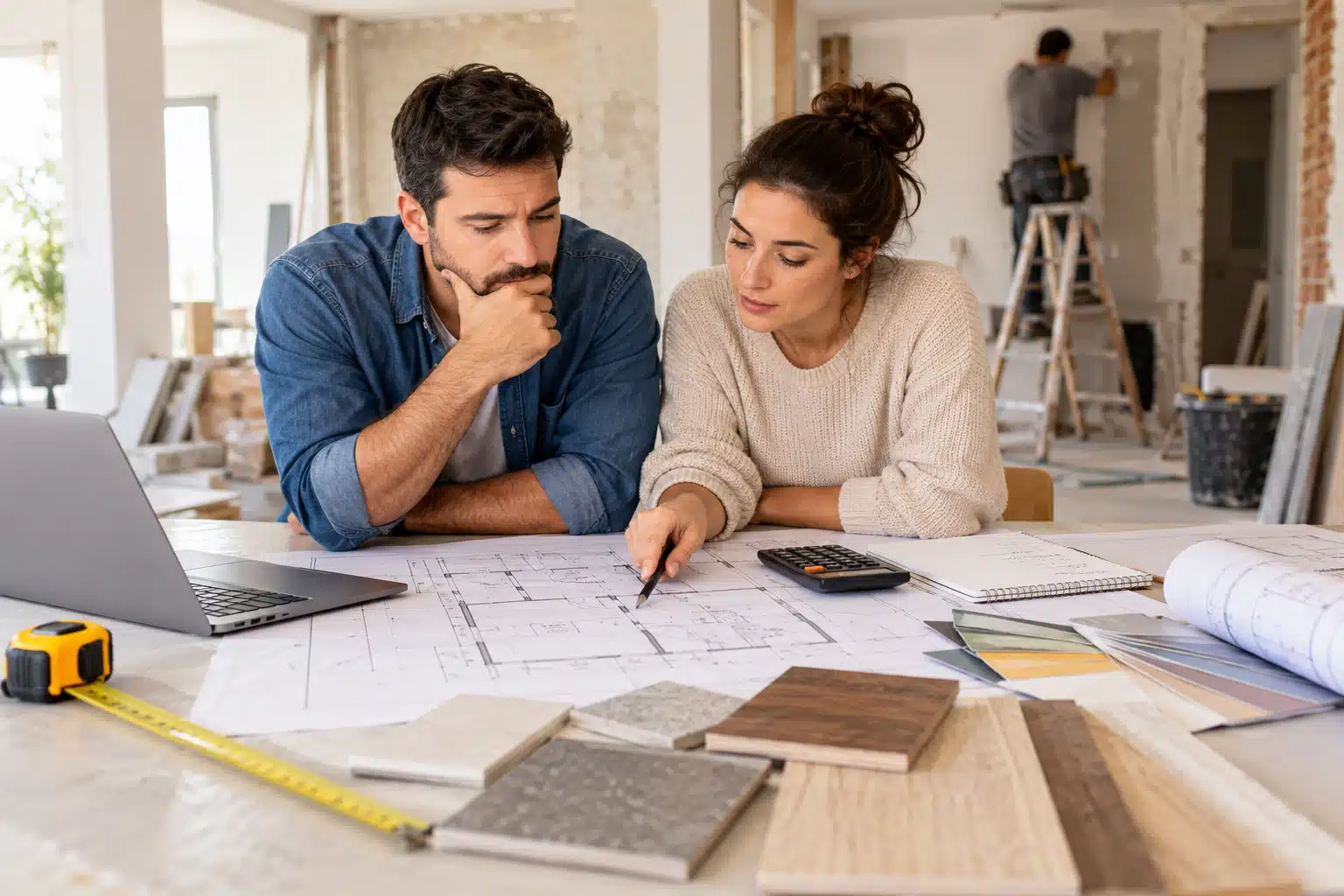 Pareja organizando una reforma y revisando el presupuesto de una vivienda